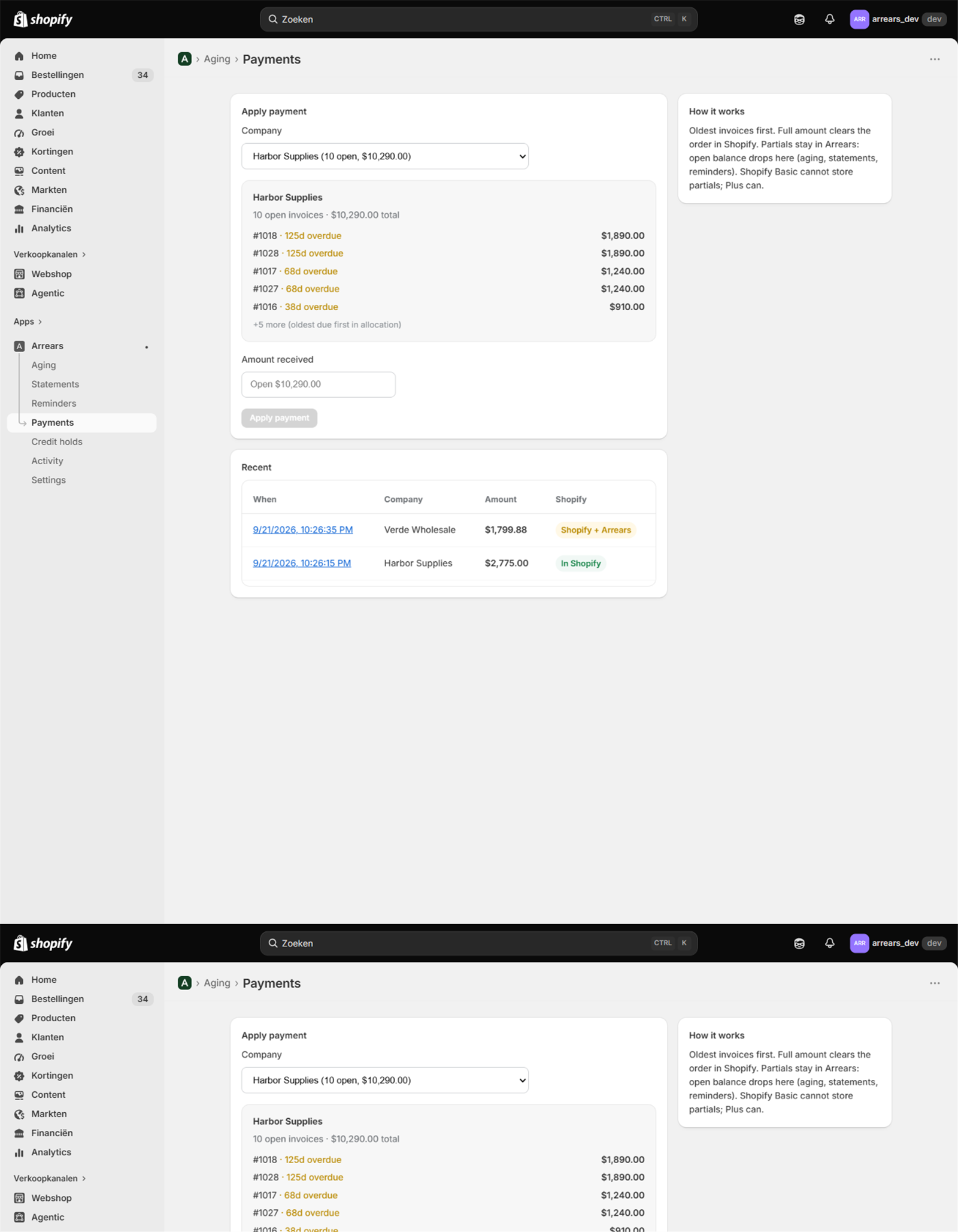 Arrears payment screen allocating one bank payment across open invoices