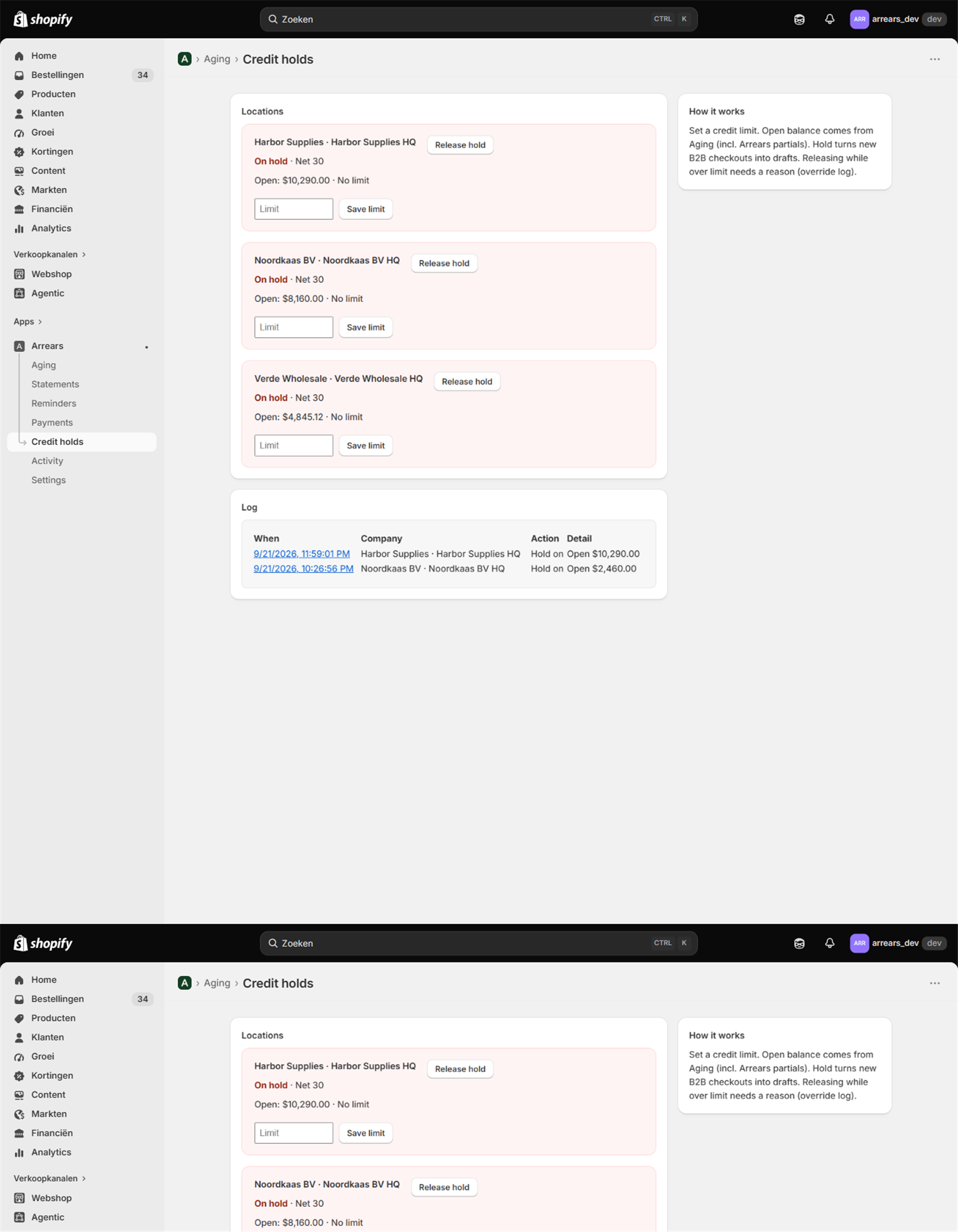 Arrears credit limit screen with hold and release controls per company