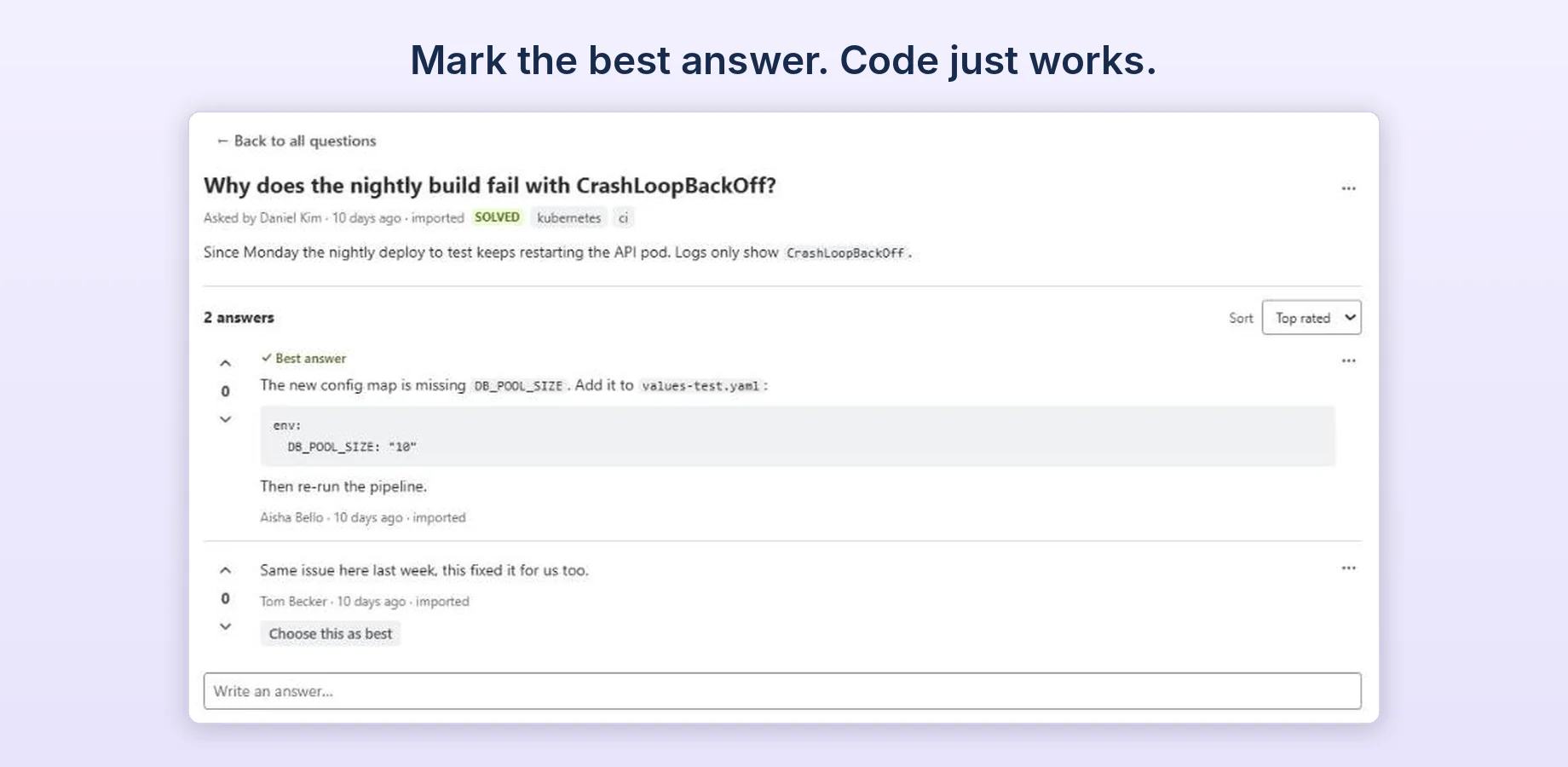 An imported AskSpace question marked solved, with two tags and two answers; the best answer contains a code block, the other has a Choose this as best button