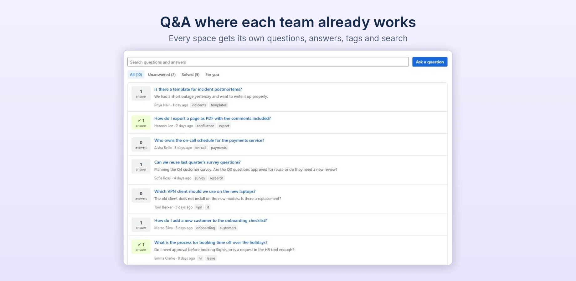 AskSpace question list: a search field, an Ask a question button, the tabs All, Unanswered, Solved and For you, and questions with answer counts and tags