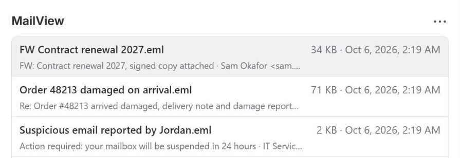 MailView list on a Jira work item: three emails with file name, size, date, subject and sender