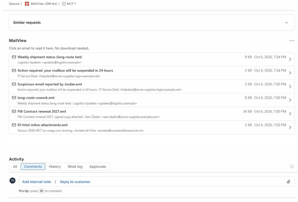 MailView on a Jira Service Management request: a list of email attachments, one opened with a 'Likely phishing' verdict, and a Details tab with SPF, DKIM and DMARC results and link destinations.